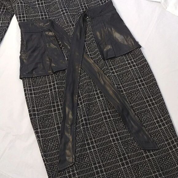 New York & Co Black Plaid Vegan Leather Bow Sheath Midi Dress Small - Picture 7 of 16